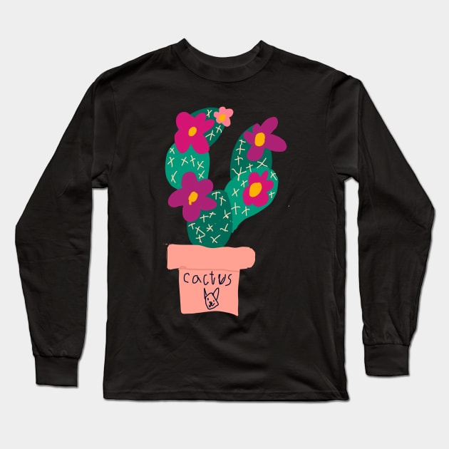 Potted cactus with flowers child's illustration Long Sleeve T-Shirt by Pragonette